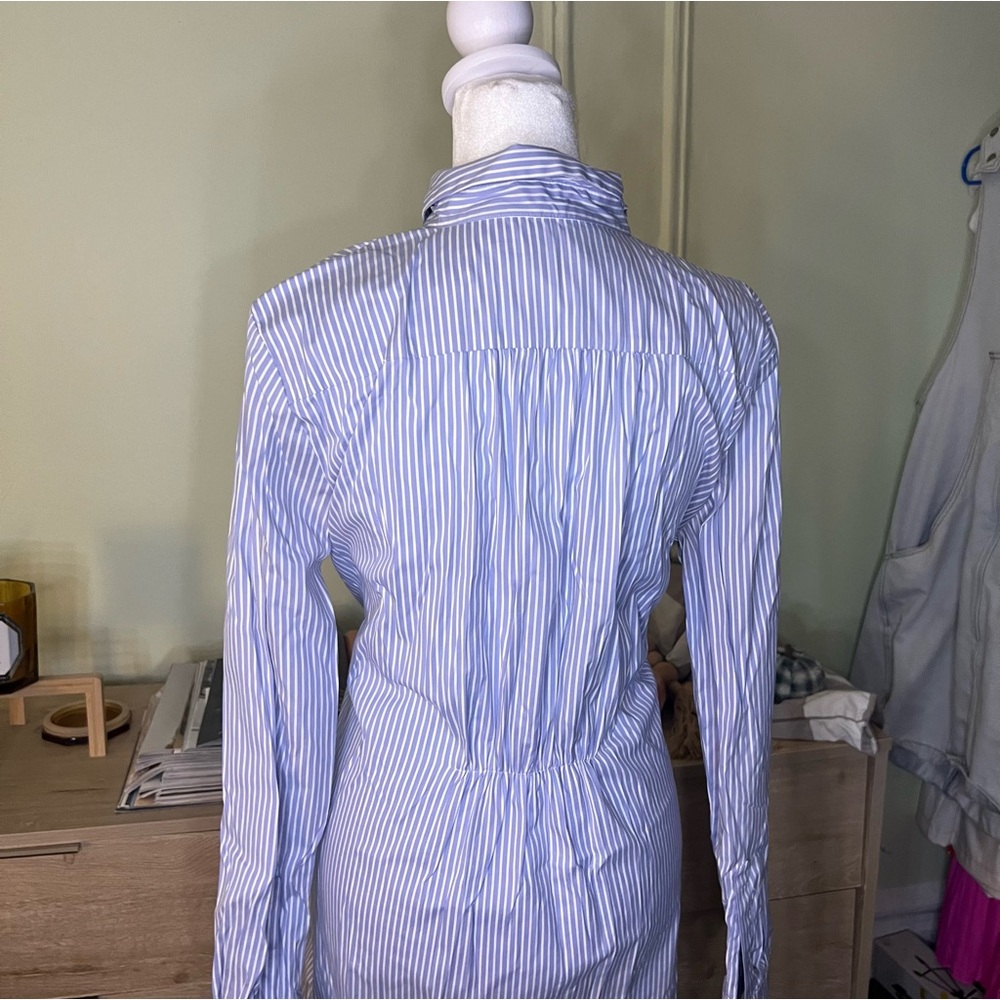 ANN TAYLOR Blue & White Seersucker Stripe Wrap Button Down Modest Midi Dress M - Picture 10 of 16